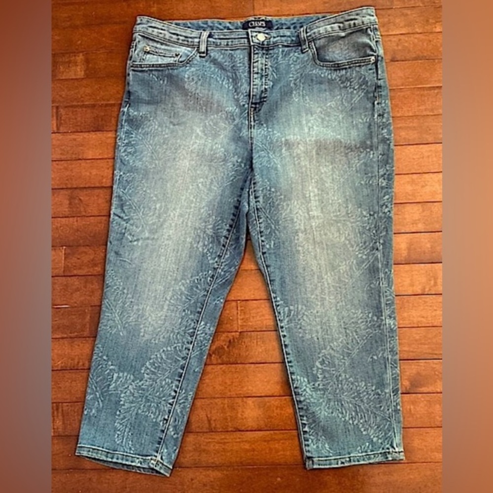Chaps Denim Madden Capri Leaf Print SZ 18W Boho Coastal Grandma Denim Blue Jeans